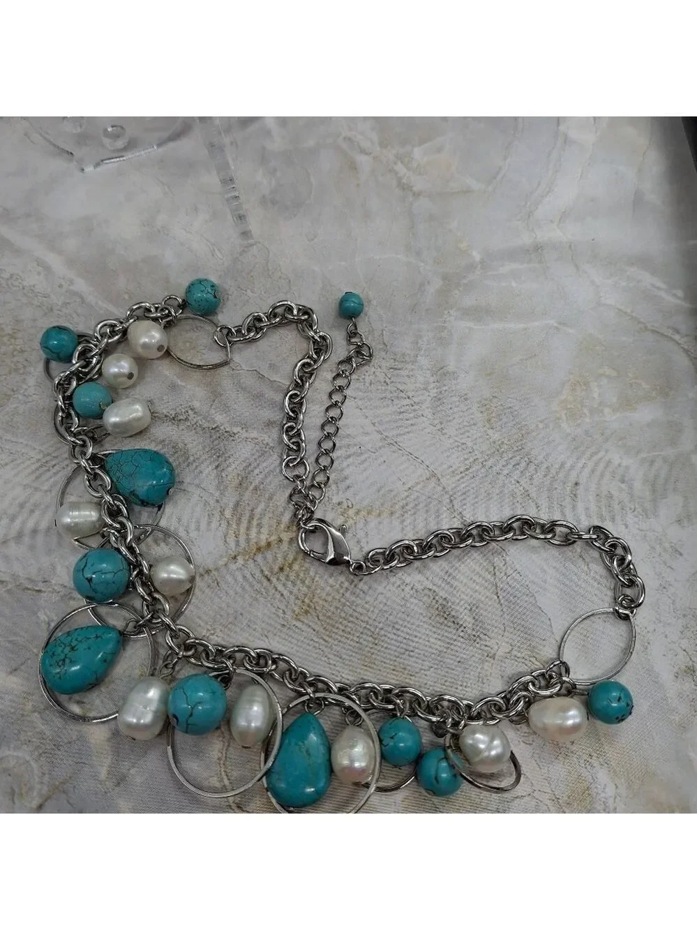 Genuine Pearls Silvertone and Turquoise Colored Howlite Beaded Necklace
